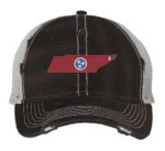 Rugged Distressed Tennessee Trucker Hat with embroidered state shape and tri-star design, distressed finish, and breathable mesh back, adjustable strapback cap