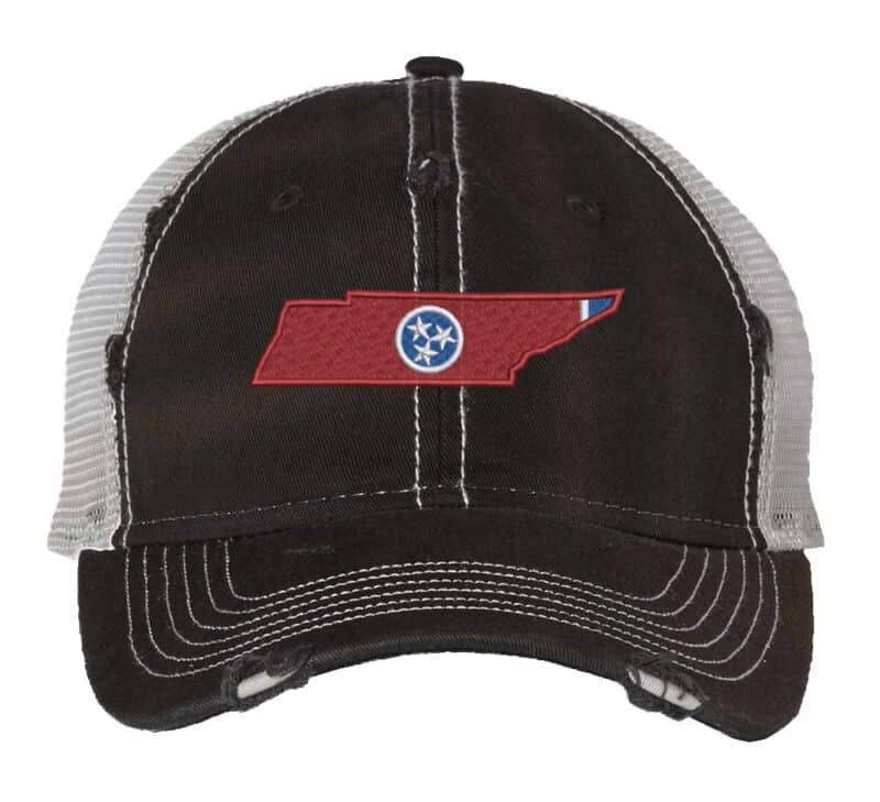 Rugged Distressed Tennessee Trucker Hat with embroidered state shape and tri-star design, distressed finish, and breathable mesh back, adjustable strapback cap