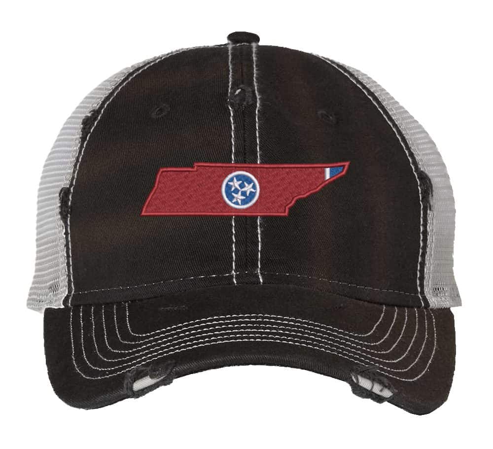 Rugged Distressed Tennessee Trucker Hat with embroidered state shape and tri-star design, distressed finish, and breathable mesh back, adjustable strapback cap