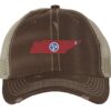 Rugged Distressed Tennessee Trucker Hat with embroidered state shape and tri-star design, distressed finish, and breathable mesh back, adjustable strapback cap