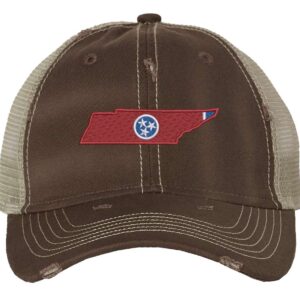 Rugged Distressed Tennessee Trucker Hat with embroidered state shape and tri-star design, distressed finish, and breathable mesh back, adjustable strapback cap