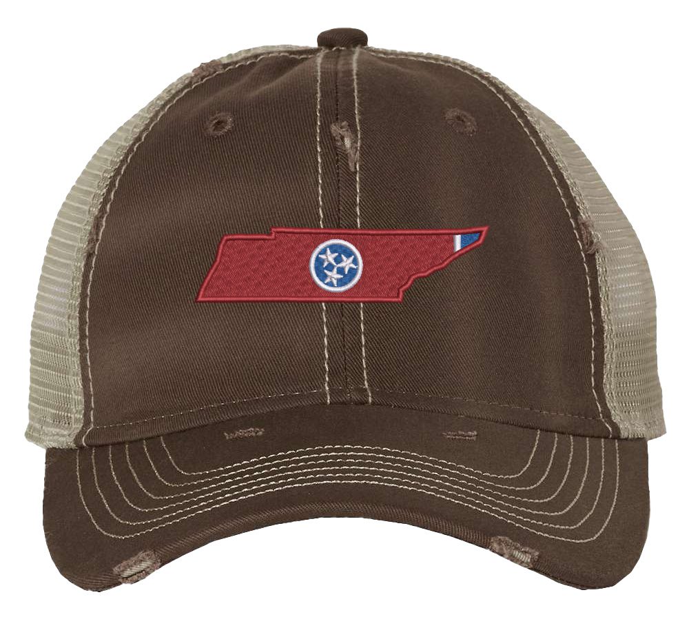 Rugged Distressed Tennessee Trucker Hat with embroidered state shape and tri-star design, distressed finish, and breathable mesh back, adjustable strapback cap