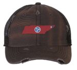 Rugged Distressed Tennessee Trucker Hat with embroidered state shape and tri-star design, distressed finish, and breathable mesh back, adjustable strapback cap