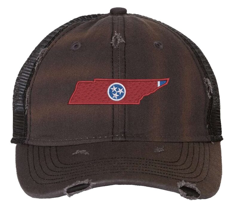 Rugged Distressed Tennessee Trucker Hat with embroidered state shape and tri-star design, distressed finish, and breathable mesh back, adjustable strapback cap