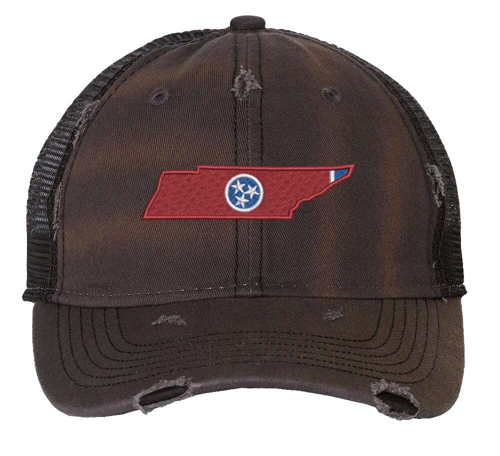 Rugged Distressed Tennessee Trucker Hat with embroidered state shape and tri-star design, distressed finish, and breathable mesh back, adjustable strapback cap