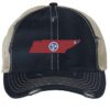 Rugged Distressed Tennessee Trucker Hat with embroidered state shape and tri-star design, distressed finish, and breathable mesh back, adjustable strapback cap