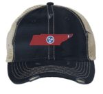 Rugged Distressed Tennessee Trucker Hat with embroidered state shape and tri-star design, distressed finish, and breathable mesh back, adjustable strapback cap