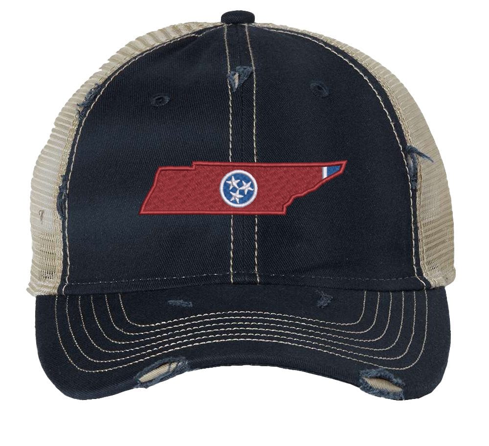 Rugged Distressed Tennessee Trucker Hat with embroidered state shape and tri-star design, distressed finish, and breathable mesh back, adjustable strapback cap