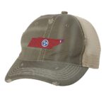 Rugged Distressed Tennessee Trucker Hat with embroidered state shape and tri-star design, distressed finish, and breathable mesh back, adjustable strapback cap