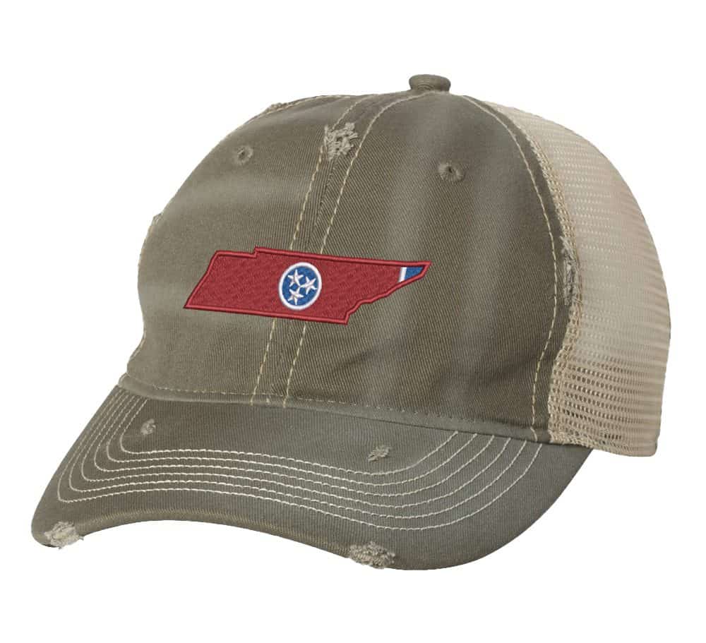 Rugged Distressed Tennessee Trucker Hat with embroidered state shape and tri-star design, distressed finish, and breathable mesh back, adjustable strapback cap