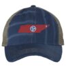Rugged Distressed Tennessee Trucker Hat with embroidered state shape and tri-star design, distressed finish, and breathable mesh back, adjustable strapback cap