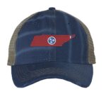 Rugged Distressed Tennessee Trucker Hat with embroidered state shape and tri-star design, distressed finish, and breathable mesh back, adjustable strapback cap