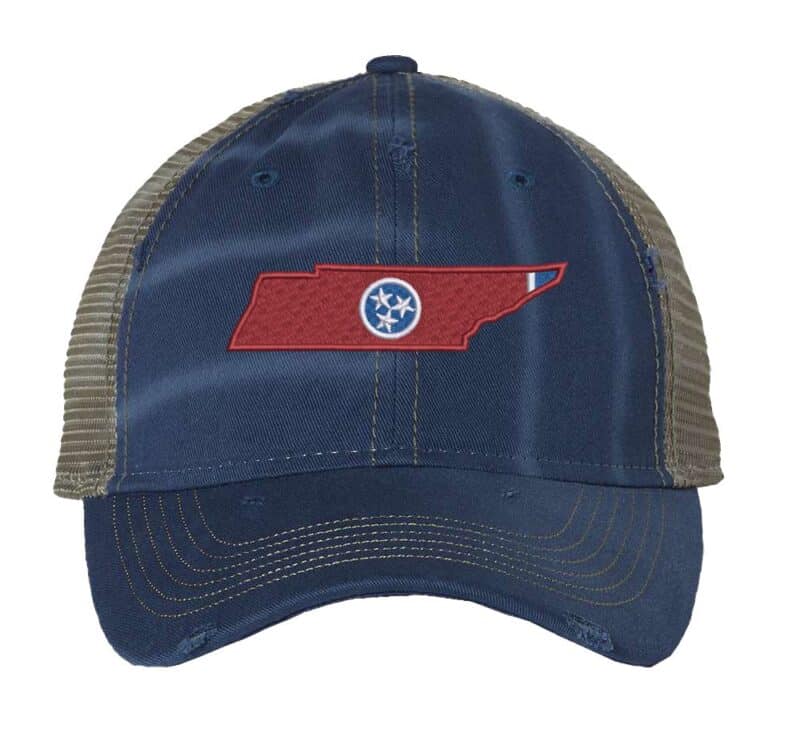 Rugged Distressed Tennessee Trucker Hat with embroidered state shape and tri-star design, distressed finish, and breathable mesh back, adjustable strapback cap