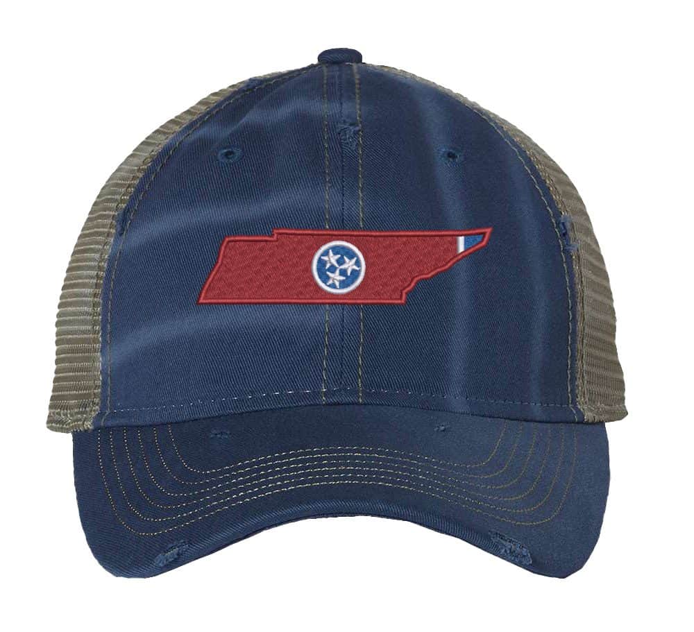 Rugged Distressed Tennessee Trucker Hat with embroidered state shape and tri-star design, distressed finish, and breathable mesh back, adjustable strapback cap