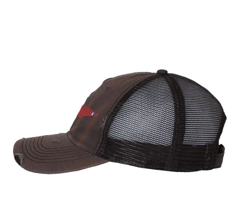 Rugged Distressed Tennessee Trucker Hat with embroidered state shape and tri-star design, distressed finish, and breathable mesh back, adjustable strapback cap