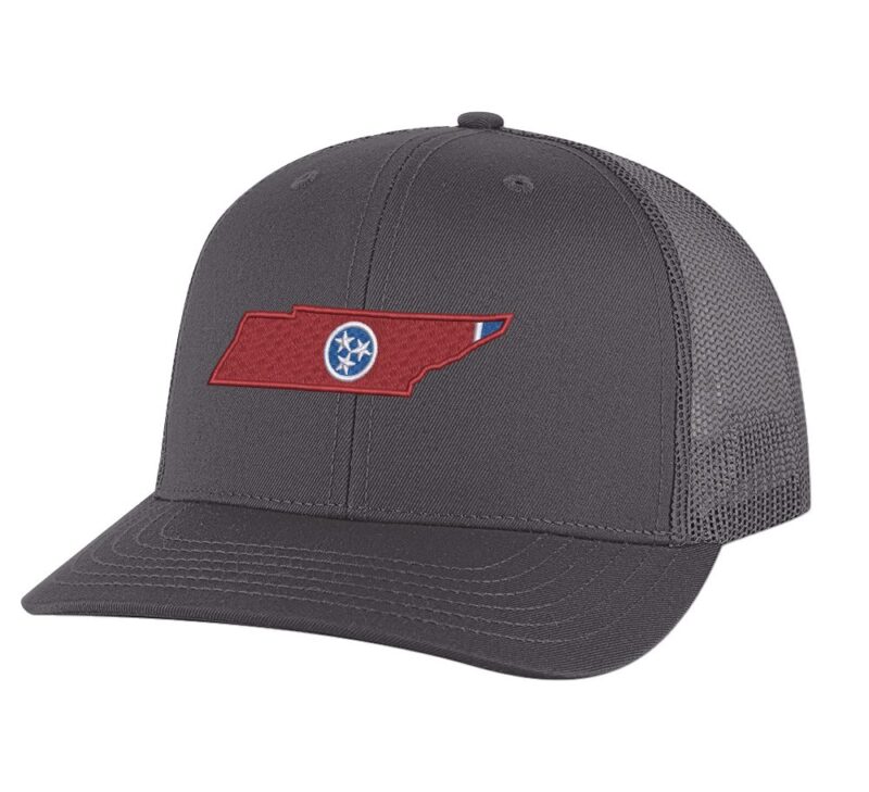 Tennessee trucker hat with embroidered state outline and tri-star design, mesh back and adjustable snapback closure