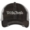Distressed We The People Trucker Hat with embroidered silver thread, mesh back, and strapback closure – Patriotic Rugged Cap for Freedom Lovers