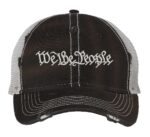 Distressed We The People Trucker Hat with embroidered silver thread, mesh back, and strapback closure – Patriotic Rugged Cap for Freedom Lovers
