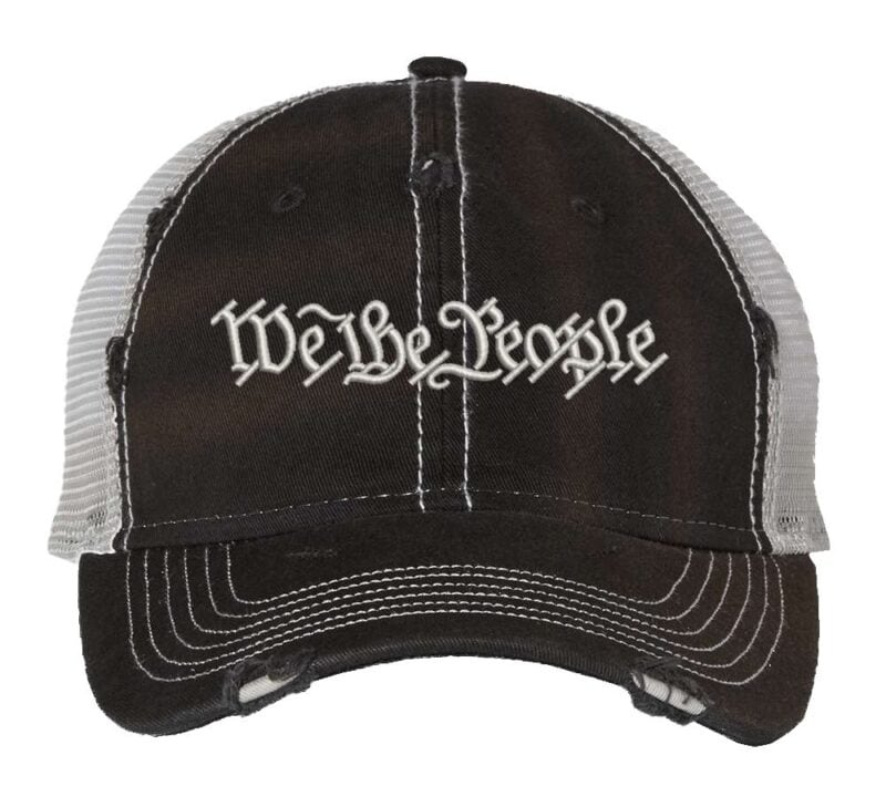 Distressed We The People Trucker Hat with embroidered silver thread, mesh back, and strapback closure – Patriotic Rugged Cap for Freedom Lovers