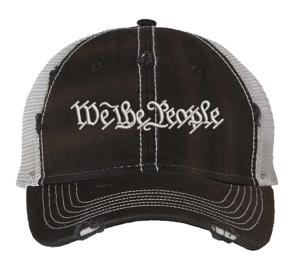 Distressed We The People Trucker Hat with embroidered silver thread, mesh back, and strapback closure – Patriotic Rugged Cap for Freedom Lovers