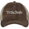 Distressed We The People Trucker Hat with embroidered silver thread, mesh back, and strapback closure – Patriotic Rugged Cap for Freedom Lovers