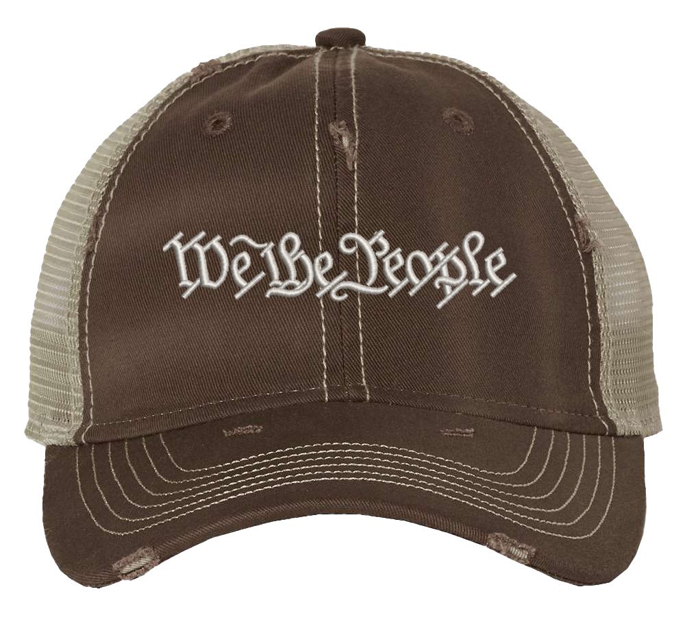 Distressed We The People Trucker Hat with embroidered silver thread, mesh back, and strapback closure – Patriotic Rugged Cap for Freedom Lovers