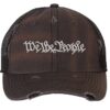 Distressed We The People Trucker Hat with embroidered silver thread, mesh back, and strapback closure – Patriotic Rugged Cap for Freedom Lovers