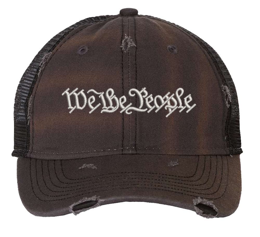 Distressed We The People Trucker Hat with embroidered silver thread, mesh back, and strapback closure – Patriotic Rugged Cap for Freedom Lovers