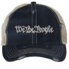 Distressed We The People Trucker Hat with embroidered silver thread, mesh back, and strapback closure – Patriotic Rugged Cap for Freedom Lovers