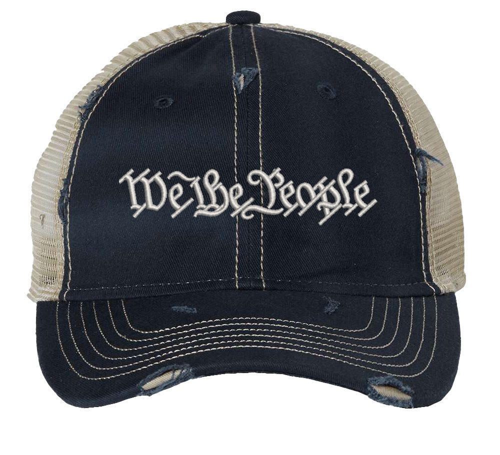 Distressed We The People Trucker Hat with embroidered silver thread, mesh back, and strapback closure – Patriotic Rugged Cap for Freedom Lovers
