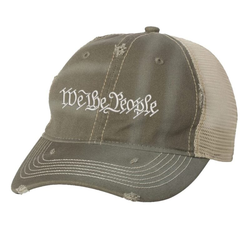 66DR-OLV_Olive-Khaki_Front_High_We_The_People_Distressed_Trucker_Hat distressed patriotic hat vintage constitution cap we the people weathered trucker hat rugged strapback mesh