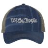 Distressed We The People Trucker Hat with embroidered silver thread, mesh back, and strapback closure – Patriotic Rugged Cap for Freedom Lovers