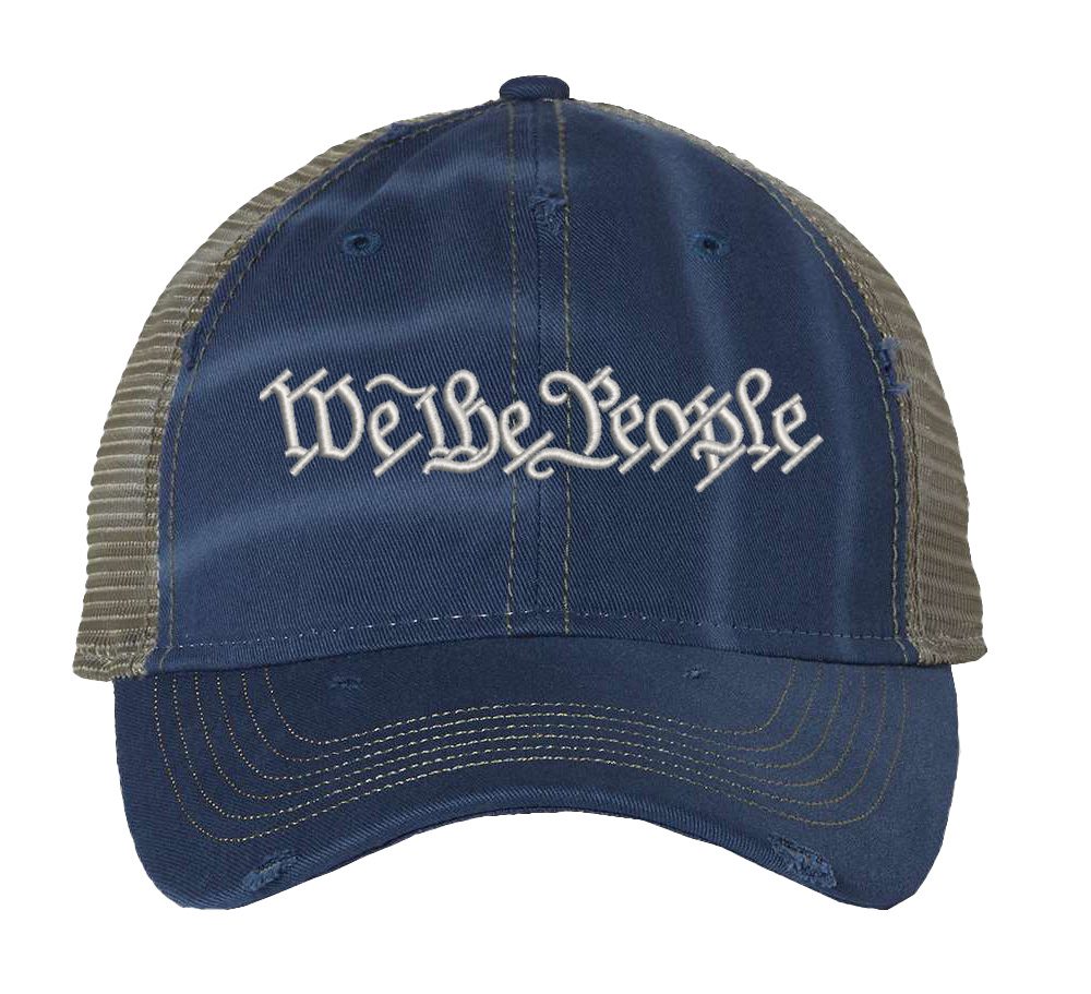 Distressed We The People Trucker Hat with embroidered silver thread, mesh back, and strapback closure – Patriotic Rugged Cap for Freedom Lovers