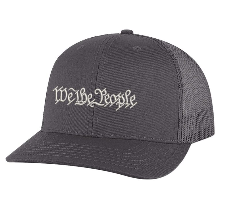 We The People Trucker Hat with embroidered silver thread, mesh back, and snapback closure – Patriotic Classic Cap for Freedom Lovers