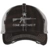 Distressed AR-15 Trucker Hat with embroidered AR-15 and 'Come and Take It' design, rugged distressed finish, and breathable mesh back, adjustable strapback cap