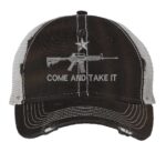 Come and take it hat with distressed finish, AR-15 embroidery, mesh back and adjustable strapback closure