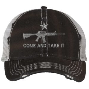 Distressed AR-15 Trucker Hat with embroidered AR-15 and 'Come and Take It' design, rugged distressed finish, and breathable mesh back, adjustable strapback cap