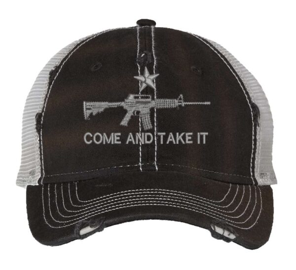 Distressed AR-15 Trucker Hat with embroidered AR-15 and 'Come and Take It' design, rugged distressed finish, and breathable mesh back, adjustable strapback cap