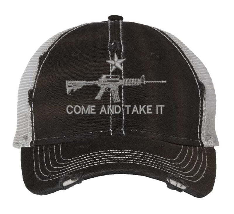 Come and take it hat with distressed finish, AR-15 embroidery, mesh back and adjustable strapback closure
