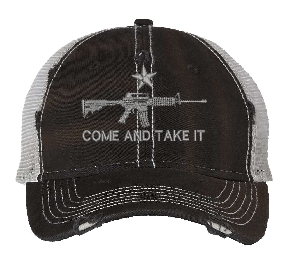 Come and take it hat with distressed finish, AR-15 embroidery, mesh back and adjustable strapback closure