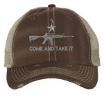 Distressed AR-15 Trucker Hat with embroidered AR-15 and 'Come and Take It' design, rugged distressed finish, and breathable mesh back, adjustable strapback cap