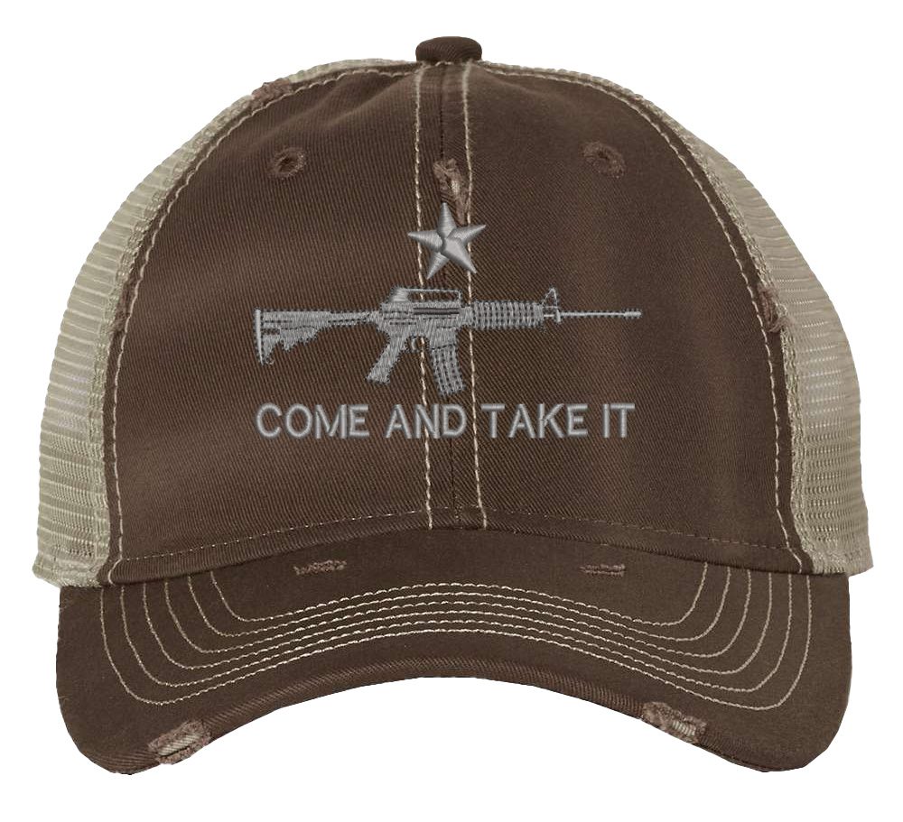Distressed AR-15 Trucker Hat with embroidered AR-15 and 'Come and Take It' design, rugged distressed finish, and breathable mesh back, adjustable strapback cap