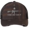 Distressed AR-15 Trucker Hat with embroidered AR-15 and 'Come and Take It' design, rugged distressed finish, and breathable mesh back, adjustable strapback cap
