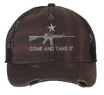 Distressed AR-15 Trucker Hat with embroidered AR-15 and 'Come and Take It' design, rugged distressed finish, and breathable mesh back, adjustable strapback cap