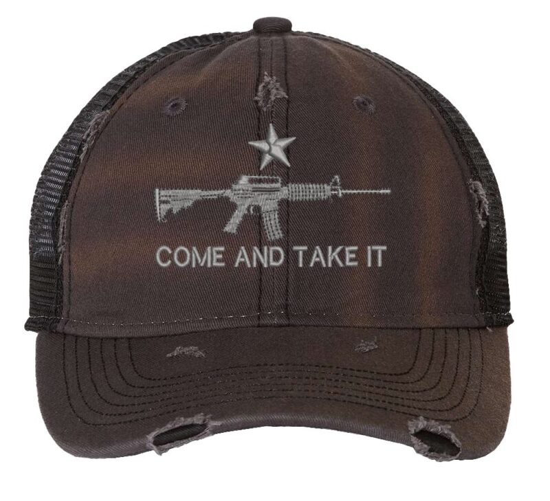 Distressed AR-15 Trucker Hat with embroidered AR-15 and 'Come and Take It' design, rugged distressed finish, and breathable mesh back, adjustable strapback cap