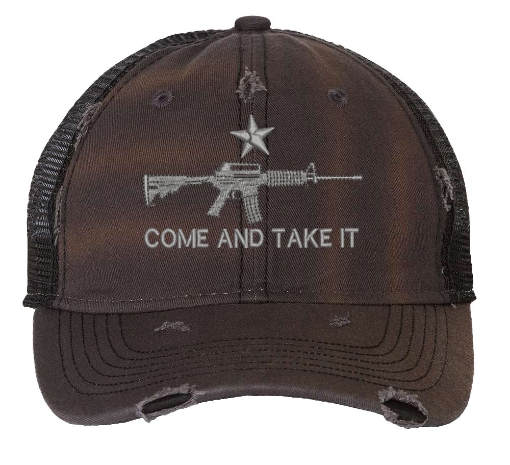 Distressed AR-15 Trucker Hat with embroidered AR-15 and 'Come and Take It' design, rugged distressed finish, and breathable mesh back, adjustable strapback cap