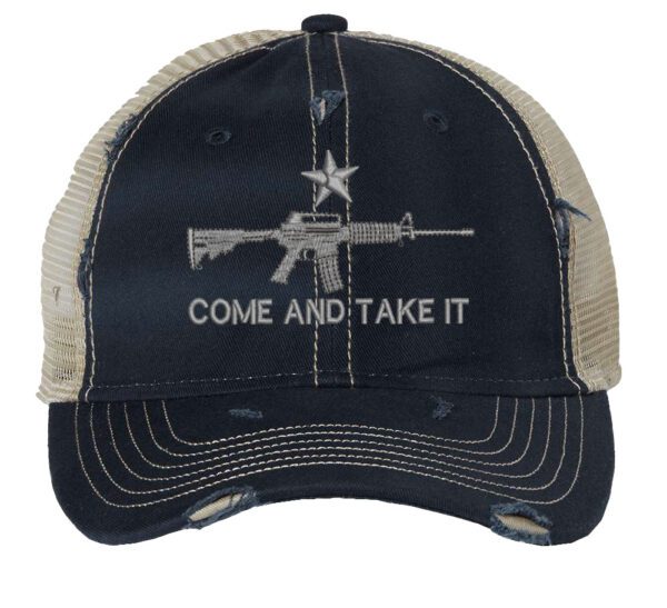 Distressed 'Come and Take It' Trucker Hat – AR-15 Embroidered Design, Patriotic Mesh Strapback Cap for 2nd Amendment Supporters - Image 2