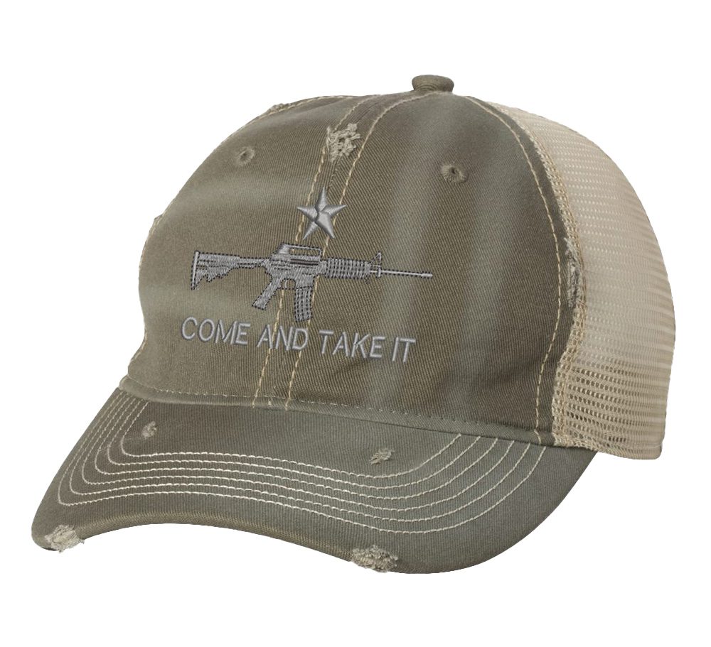 Distressed AR-15 Trucker Hat with embroidered AR-15 and 'Come and Take It' design, rugged distressed finish, and breathable mesh back, adjustable strapback cap