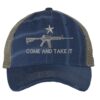 Distressed AR-15 Trucker Hat with embroidered AR-15 and 'Come and Take It' design, rugged distressed finish, and breathable mesh back, adjustable strapback cap