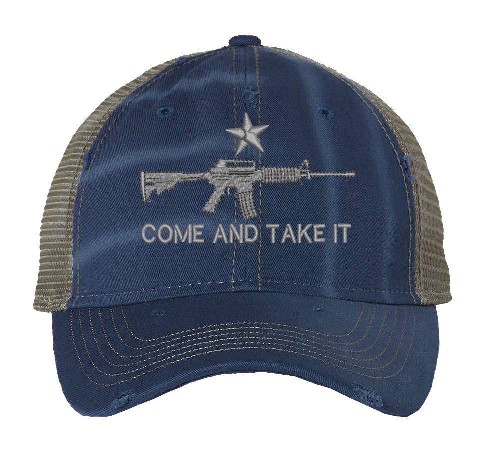 Distressed AR-15 Trucker Hat with embroidered AR-15 and 'Come and Take It' design, rugged distressed finish, and breathable mesh back, adjustable strapback cap